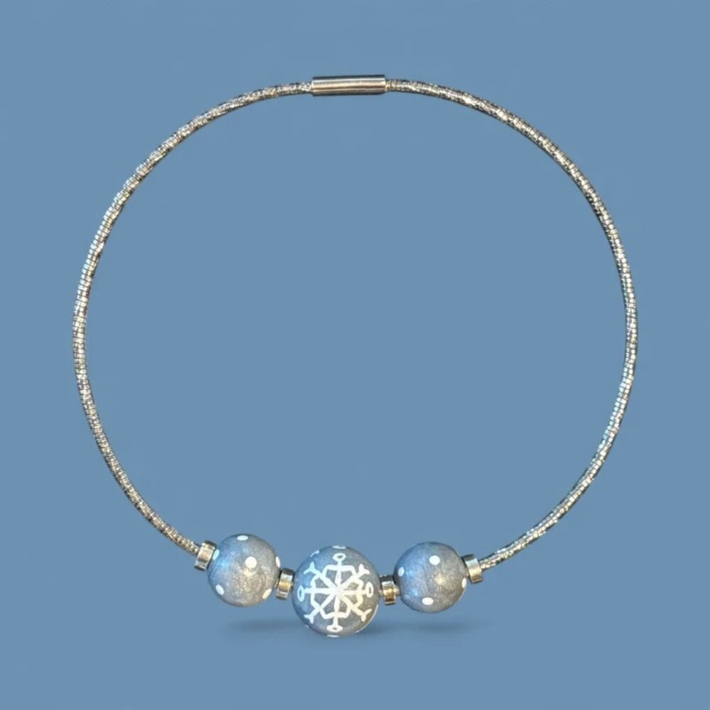 Silver Plated Cable Necklace w/Hand Painted Snowflake Beads #85